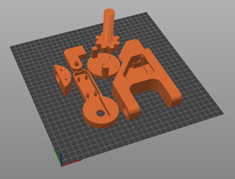 The seven Mk3 parts laid out on one print plate in PrusaSlicer, in their print orientation.
