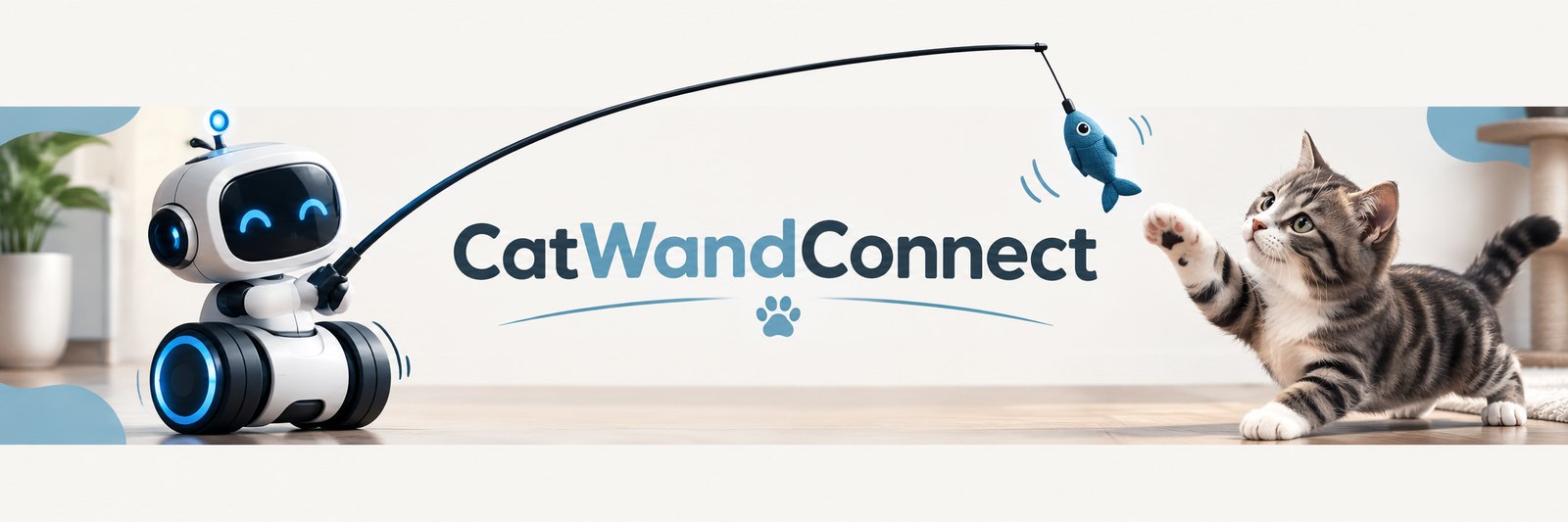 CatWandConnect: a robot holding a toy wand with a fish, and a kitten jumping for it