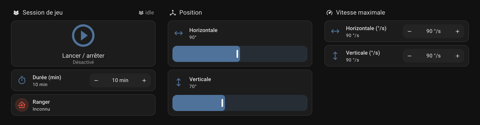 The MQTT connection dashboard: Play session, Session duration and Stow, positions and maximum speeds