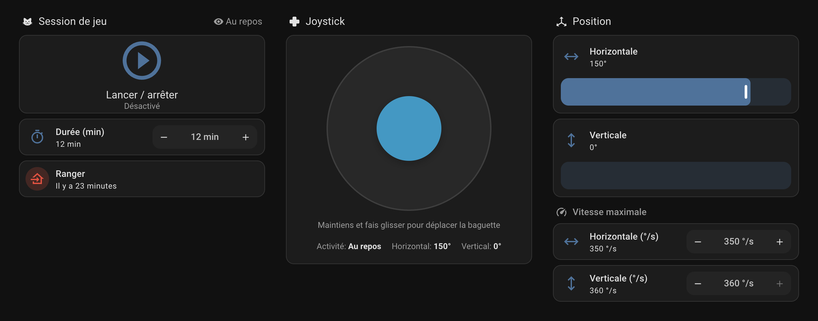 The Native integration dashboard: Play session, Session duration and Stow, the joystick card, positions and maximum speeds